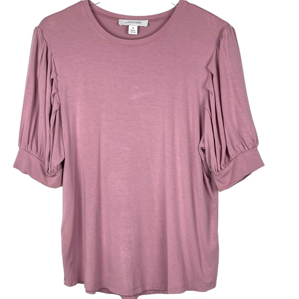 Madison Grey Puff Sleeve Top Women XL Mauve Pink Good Pleated Knit crew neck Tee - Picture 2 of 11